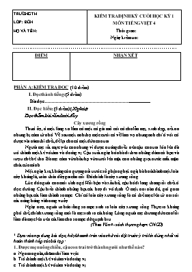 Đề kiểm tra định kỳ cuối học kỳ I môn Tiếng Việt Lớp 4 - Năm học 2014-2015 - Trường Tiểu học Số 1 Trà Sơn (Có đáp án)